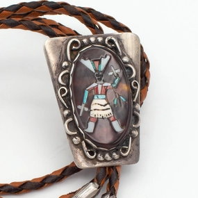 Stylish Glow Handcrafted Highlight Roy Vandaver Navajo Handmade Sterling Silver Multi-Inlay Bolo Tie (Set with Zuni Inlay)