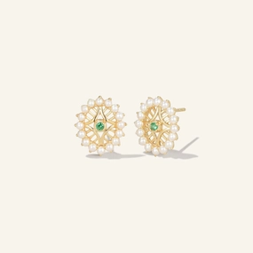 Shimmering Touch Simple Glow Natural Emerald & Pearl Vintage Inspired Yellow Gold Earrings