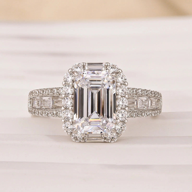 Luxurious Halo Emerald Cut Engagement Ring In Sterling Silver Vibrant Touch Timeless Glam