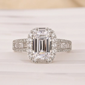 Clean Texture Allure Touch Luxurious Halo Emerald Cut Engagement Ring In Sterling Silver