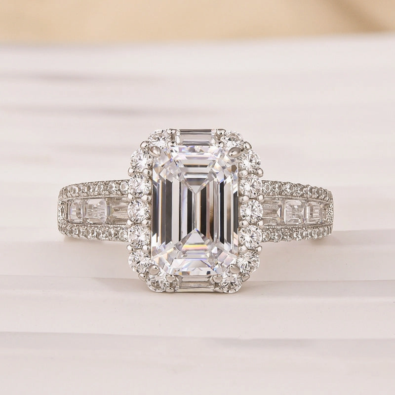Luxurious Halo Emerald Cut Engagement Ring In Sterling Silver Silky texture Artful Edge
