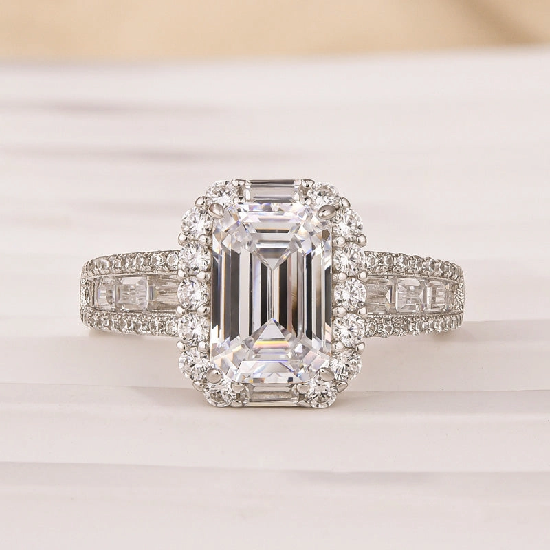 Clean Texture Allure Touch Luxurious Halo Emerald Cut Engagement Ring In Sterling Silver