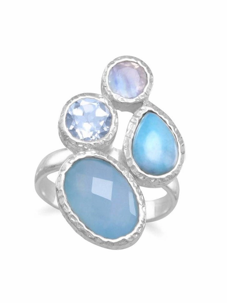 Blue Dyed Chalcedony, Larimar, Blue Topaz, and Moonstone Ring Sterling Silver Decorative Jewelry