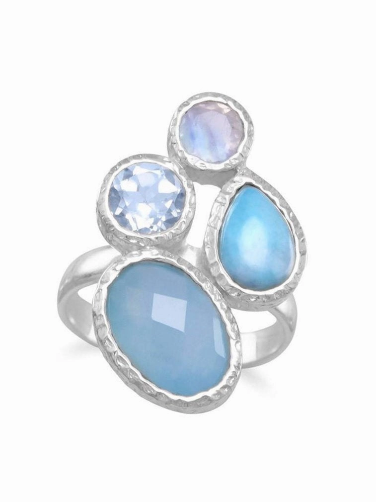 Acid Proof Convenient Appearance Blue Dyed Chalcedony, Larimar, Blue Topaz, and Moonstone Ring Sterling Silver
