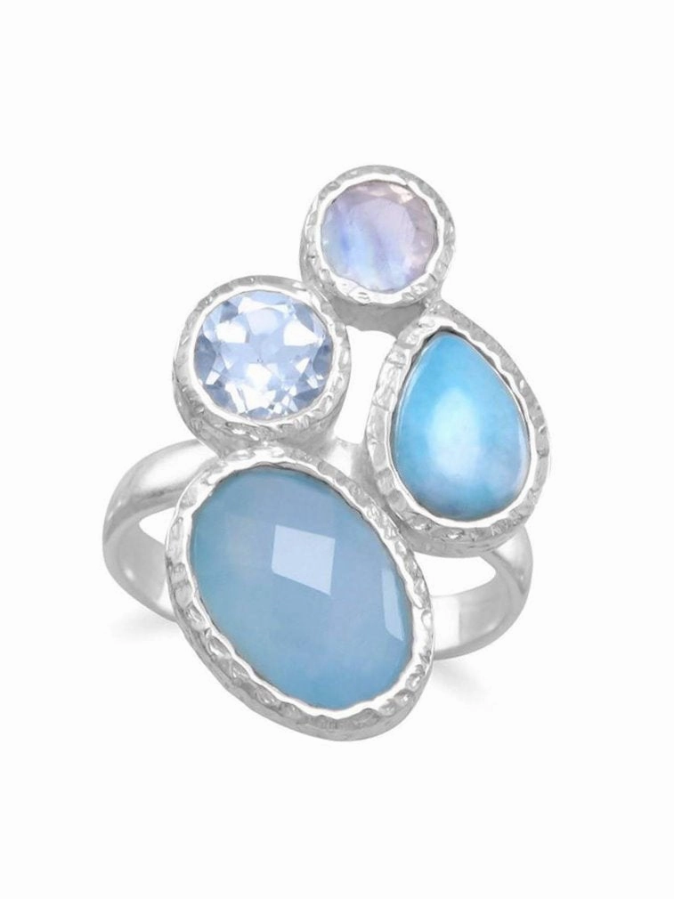 Blue Dyed Chalcedony, Larimar, Blue Topaz, and Moonstone Ring Sterling Silver Budget Piece Fashionable Symbol