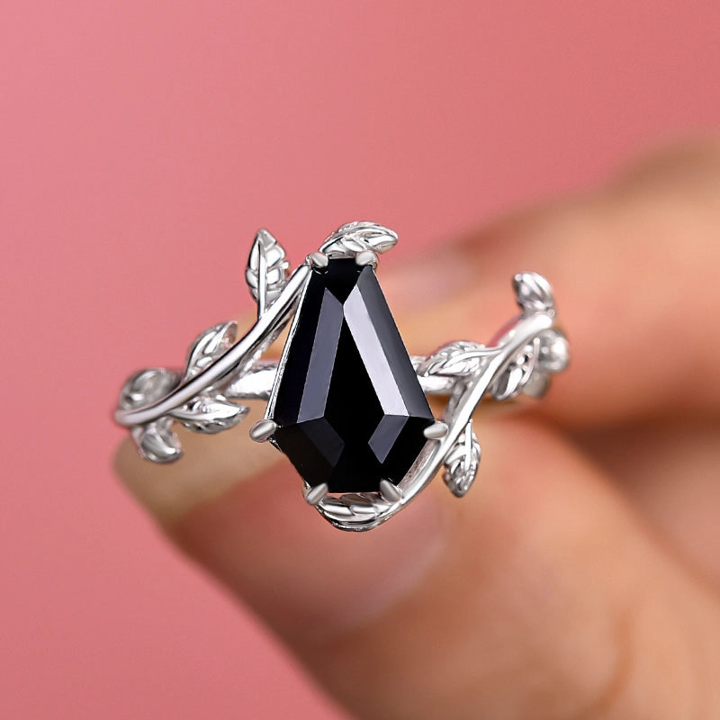 Louily Unique Leaf Design Black Stone Coffin Cut Engagement Ring In Sterling Silver Sleek Texture
