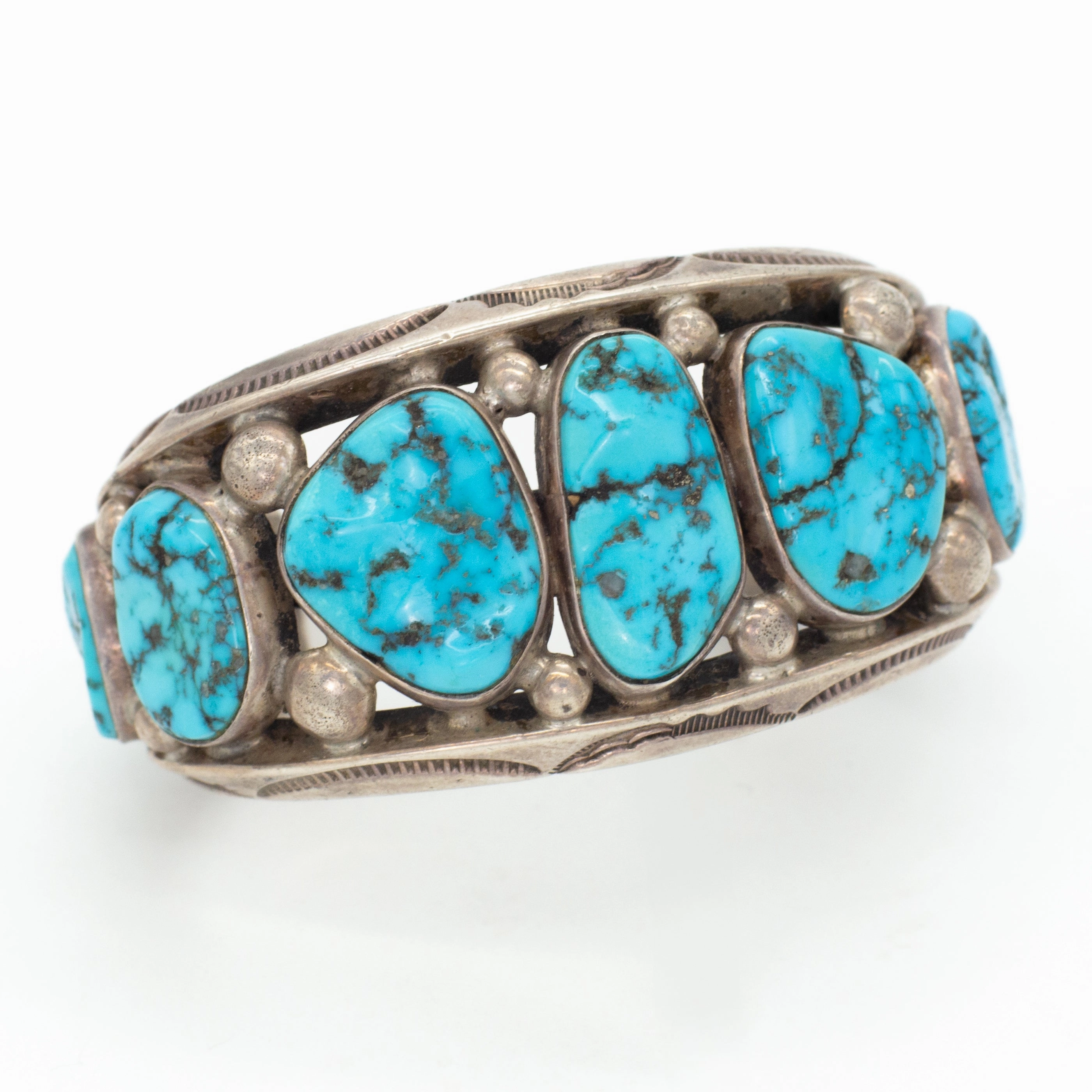 Orville Tsinnie Navajo Handmade Natural Turquoise Sterling Silver Cuff Bracelet All Day Pretty Detail