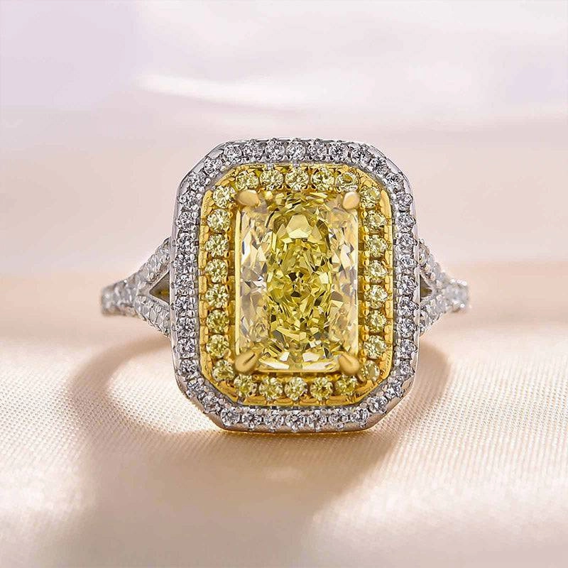 Louily Luxurious Split Shank Double Halo Radiant Cut Yellow Sapphire Engagement Ring In Sterling Silver Exquisite Look Sleek Finish
