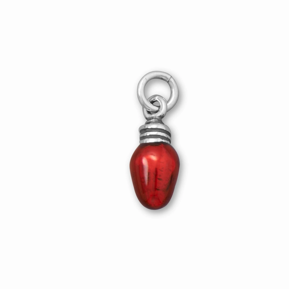 Red Christmas Light Bulb Charm Antiqued Sterling Silver Subtle Charm