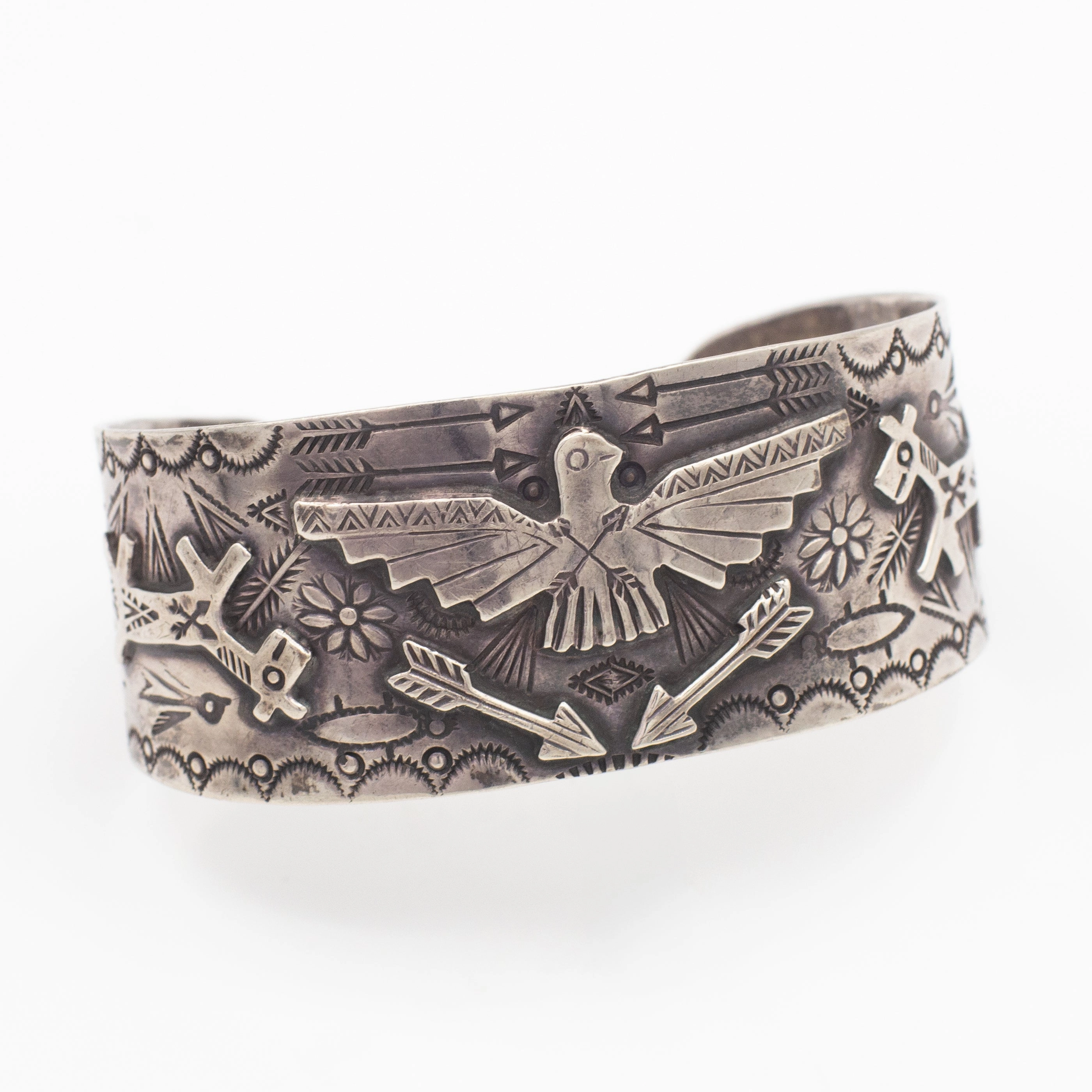 Distinctive Detail Bright Finish Fred Harvey Navajo Handmade Sterling Silver Eagle Cuff Bracelet