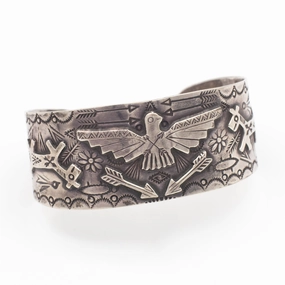 Distinctive Detail Bright Finish Fred Harvey Navajo Handmade Sterling Silver Eagle Cuff Bracelet