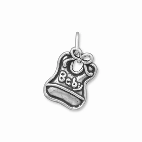 Fresh Detail Clean Style Baby Bib Charm Antqued Sterling Silver