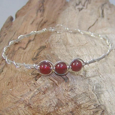 Worldly Influence Entertaining Aspect 3-Bead Outline Carnelian Beads Sterling Silver Wire Wrapped Bracelet