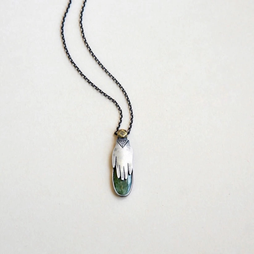 Hand Milagro Necklace - Oxidized Sterling Silver, Brass   Jade Gemstone Corporate Adornment Meaningful Jewelry