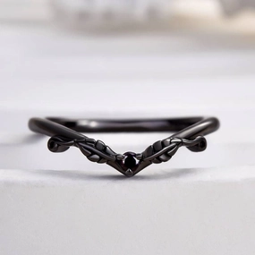 Chic Sparkle Bridal Ready Louily Unique Leaf Design Black Stone Round Cut Wedding Band In Sterling Silver