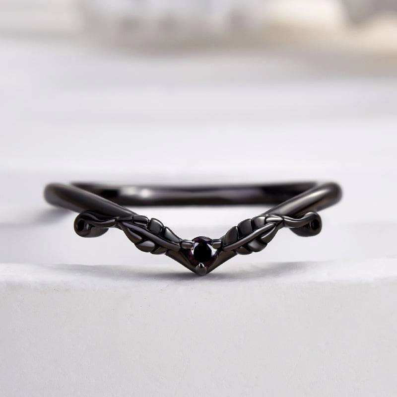 Chic Sparkle Bridal Ready Louily Unique Leaf Design Black Stone Round Cut Wedding Band In Sterling Silver
