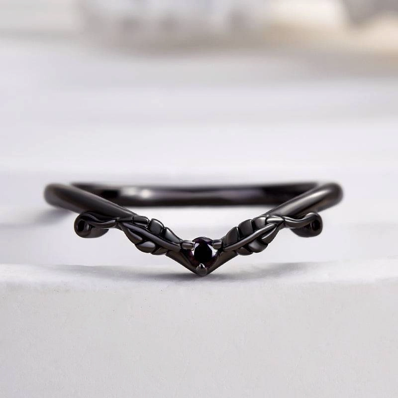 Warm Light Louily Unique Leaf Design Black Stone Round Cut Wedding Band In Sterling Silver