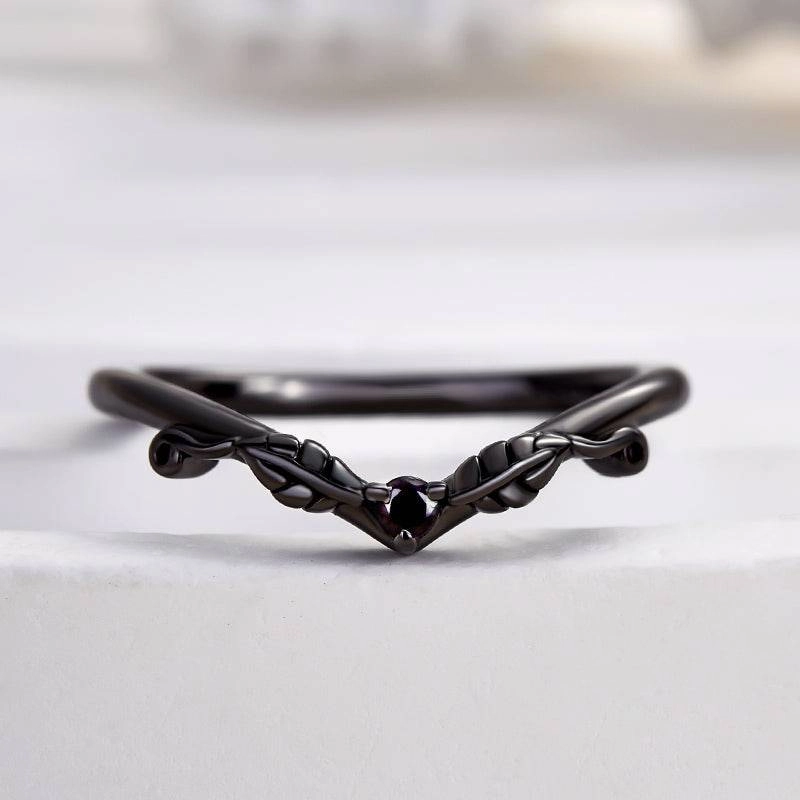 Precious Touch Louily Unique Leaf Design Black Stone Round Cut Wedding Band In Sterling Silver