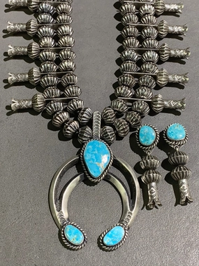CHRIS HALE NAVAJO TURQUOISE STERLING SILVER SQUASH AND EARRING SET Bold Lines