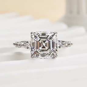 Louily Unique Asscher Cut Women's Engagement Ring In Sterling Silver Layered Texture Shining Accent