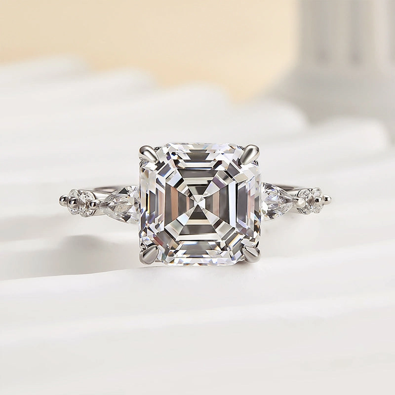 Louily Unique Asscher Cut Women's Engagement Ring In Sterling Silver Layered Texture Shining Accent