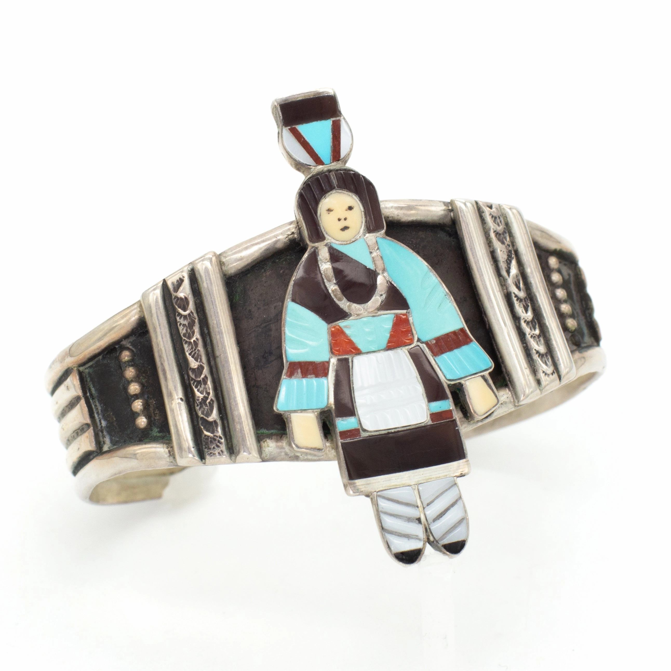 Silver Edge Classic Vibe Madeline Beyuka Zuni Handmade Olla Maiden Sterling Silver Inlay Cuff Bracelet