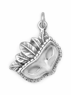 Mardi Gras Mask with Feathers Charm Sterling Silver Shiny Touch