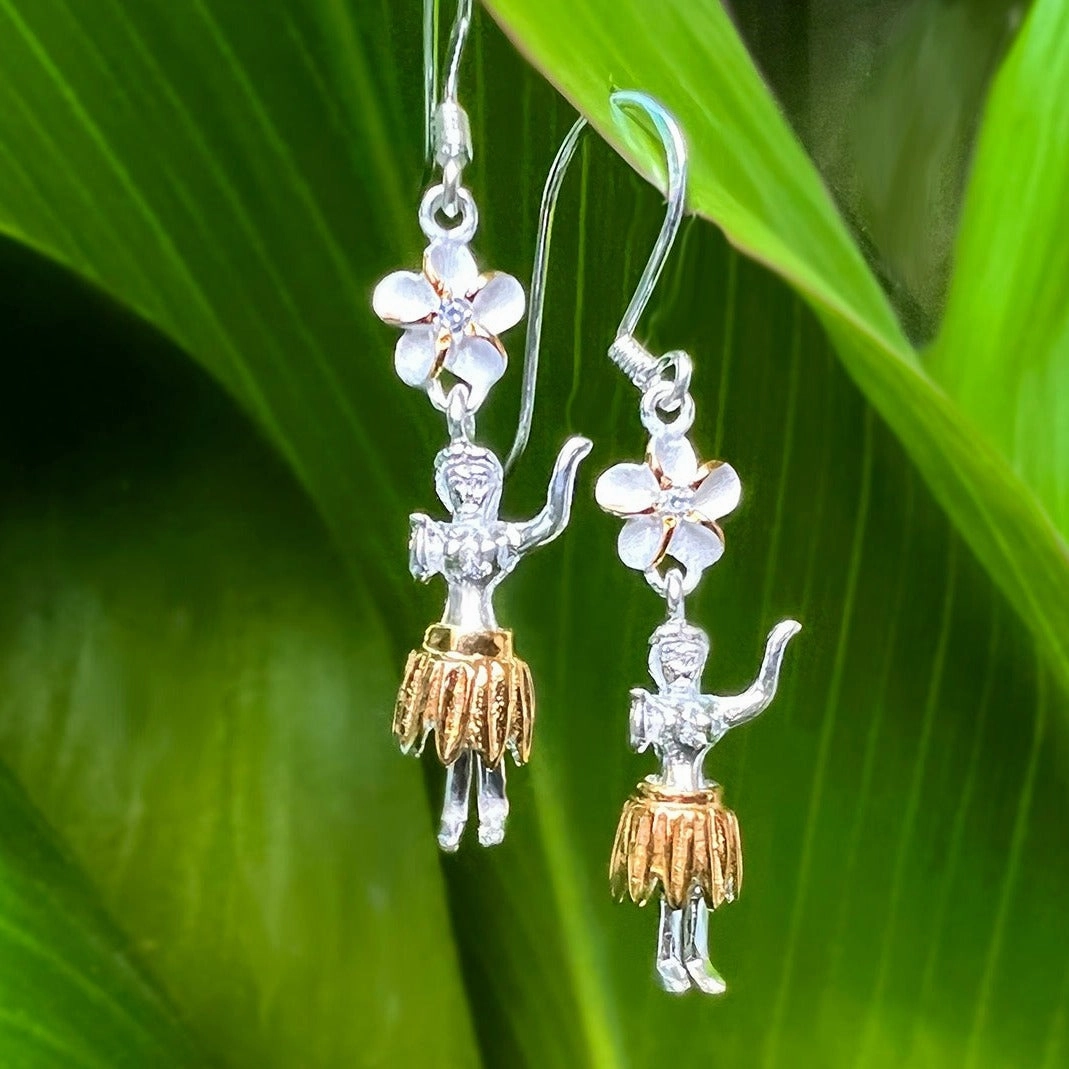 Oversized Adornment Hula Girl Wahine Two Tone Pendant or Earrings