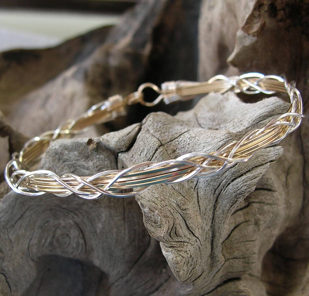 Medium Two-Tone Grapevine Silver Over Gold Wire Wrapped Bracelet Harmonious Blend Overnight Sight