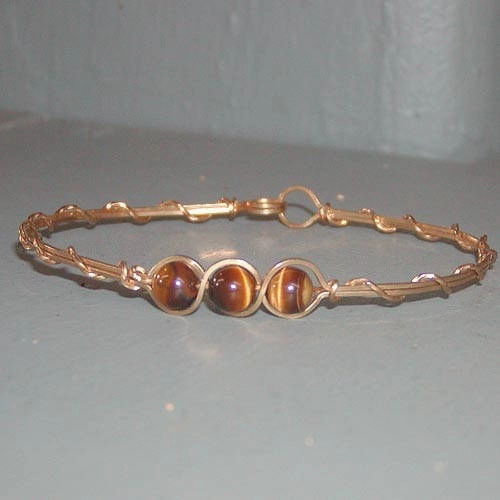 Elusive Item 3-Bead Outline Tiger Eye Beads Gold Filled Wire Wrapped Bracelet