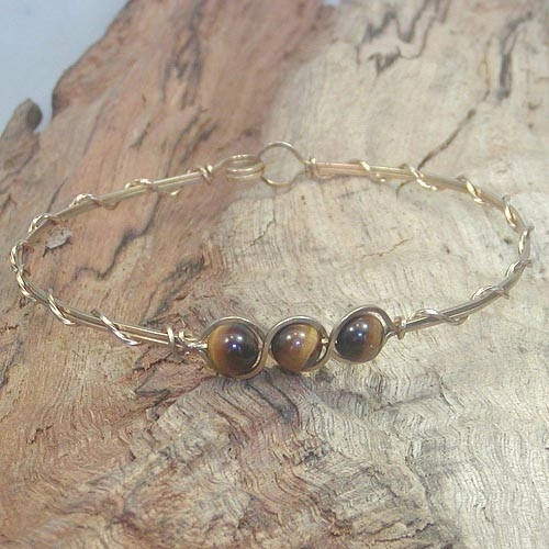 Unforgettable Composites 3-Bead Outline Tiger Eye Beads Gold Filled Wire Wrapped Bracelet