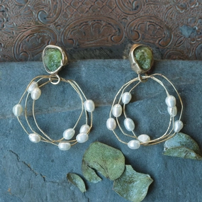 Charming Piece Trendy Design Water Lily Hoops - Brass, Sterling Silver, Green Garnet   Pearl