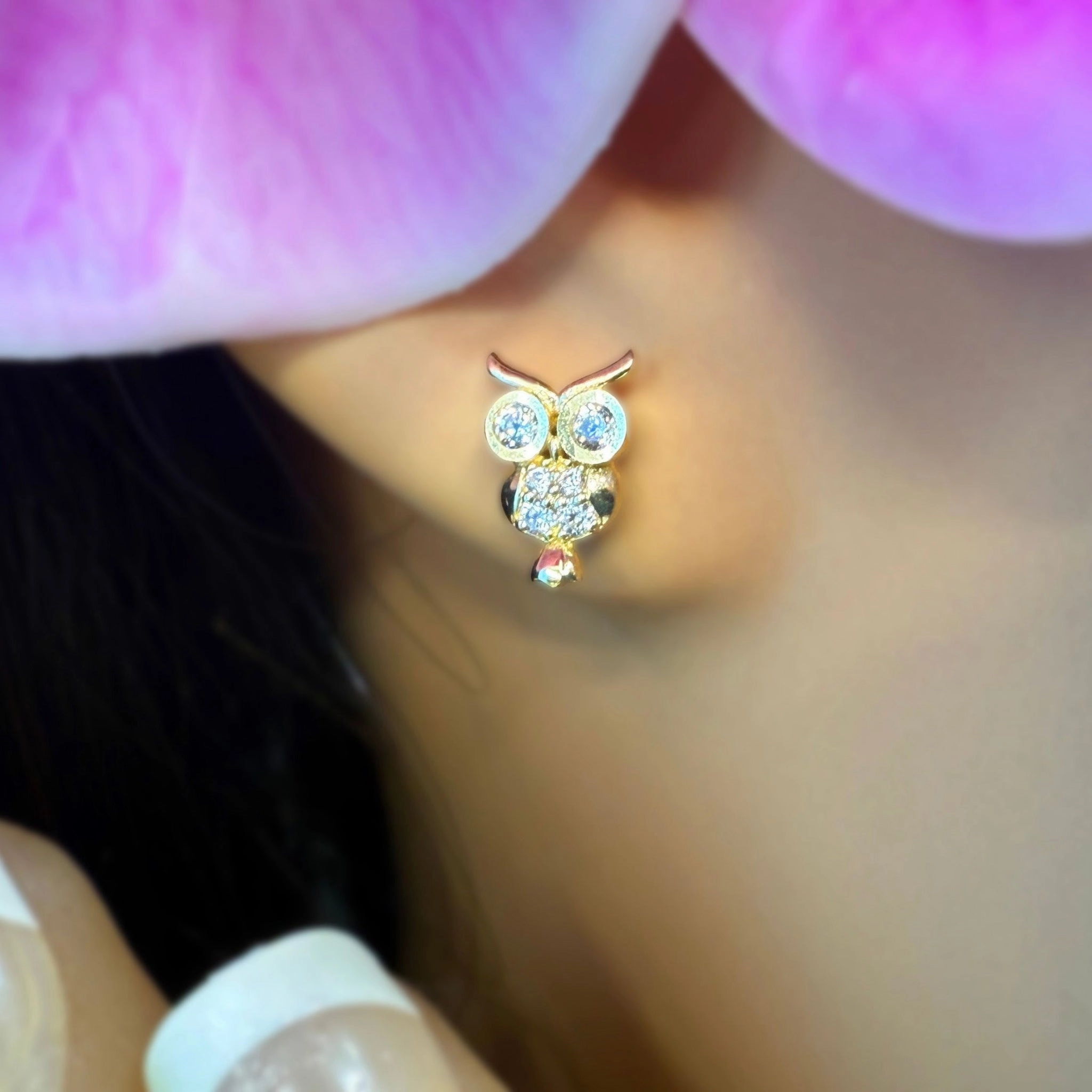 14K Gold Pueo Owl CZ Earrings w/Keepsake Oversized Adornment Square Accessory