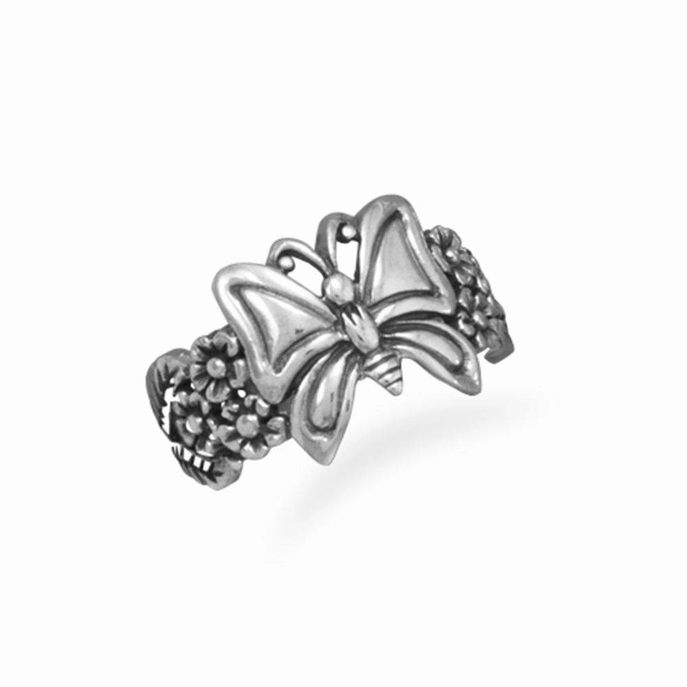 Festival Present Unique Memento Butterfly Ring with Flowers Band Antiqued Sterling Silver