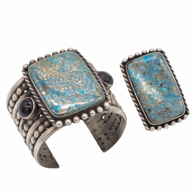 Mike Bird Romero Vintage Sterling Silver Turquoise Cuff Bracelet and Ring Set Delicate Feature