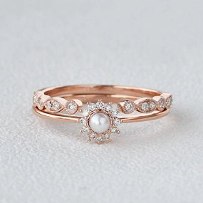Mini Akoya Rose Gold Ring Set 2pcs Glam Finish