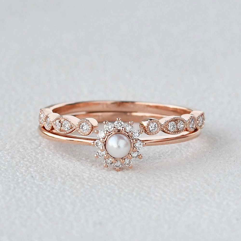 Mini Akoya Rose Gold Ring Set 2pcs Glam Finish