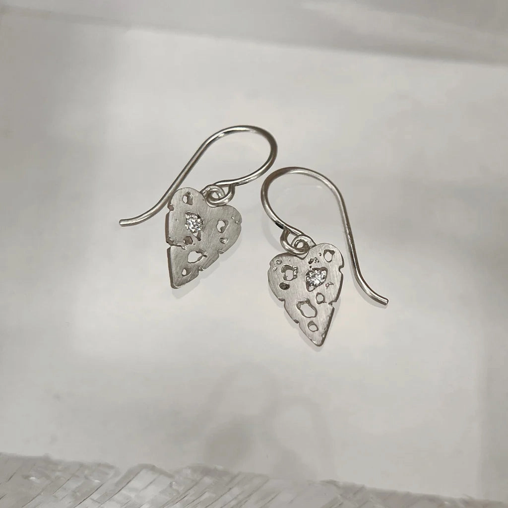 Contemporary Finish Mini Shadow Heart  Wire Earrings - Silver   Diamond