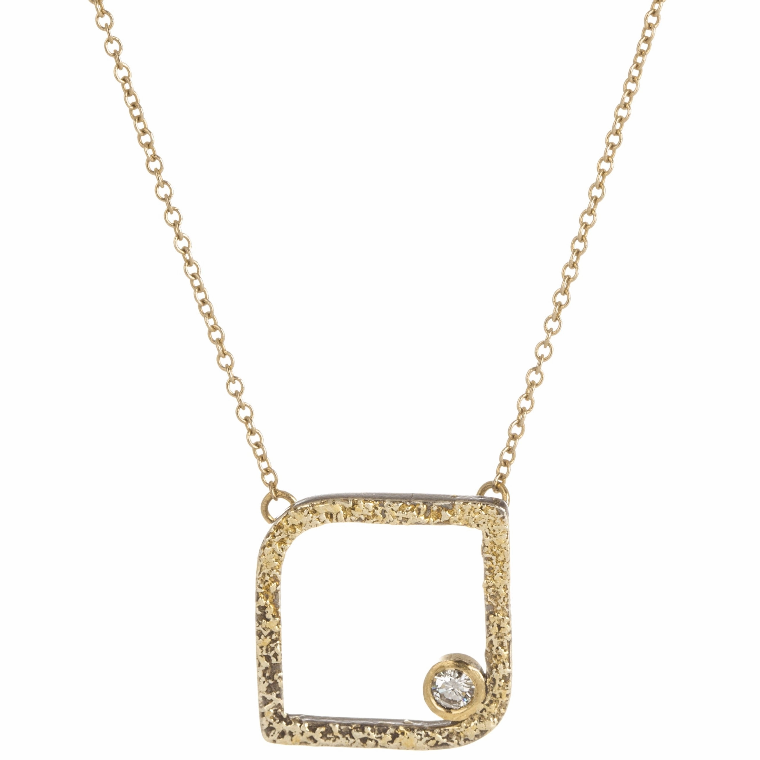 Mini Slice Square Necklace on 14k Gold Chain - 22k/18k/14k Gold, Oxidized Silver   VS White Diamonds Chic Jewelry Date Gift