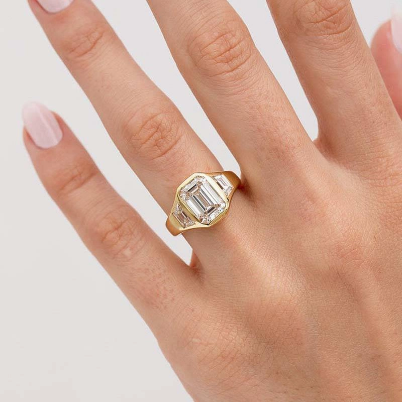Louily Luxury Yellow Gold Three Stone Emerald Cut Bezel Engagement Ring Seasonal Finish Sophisticated Glow
