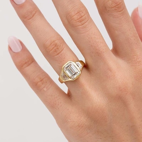 Louily Luxury Yellow Gold Three Stone Emerald Cut Bezel Engagement Ring Seasonal Finish Sophisticated Glow