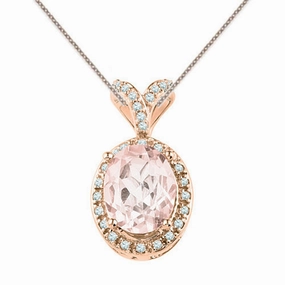 Morganite and Diamond Oval Pendant 10K Rose Gold Chain Included Fashion Statement