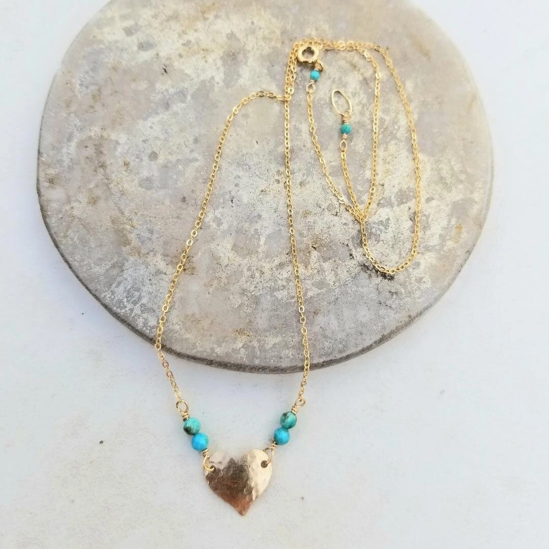 Nuptial Jewelry Heart Necklace - 14k Gold Fill   Turquoise