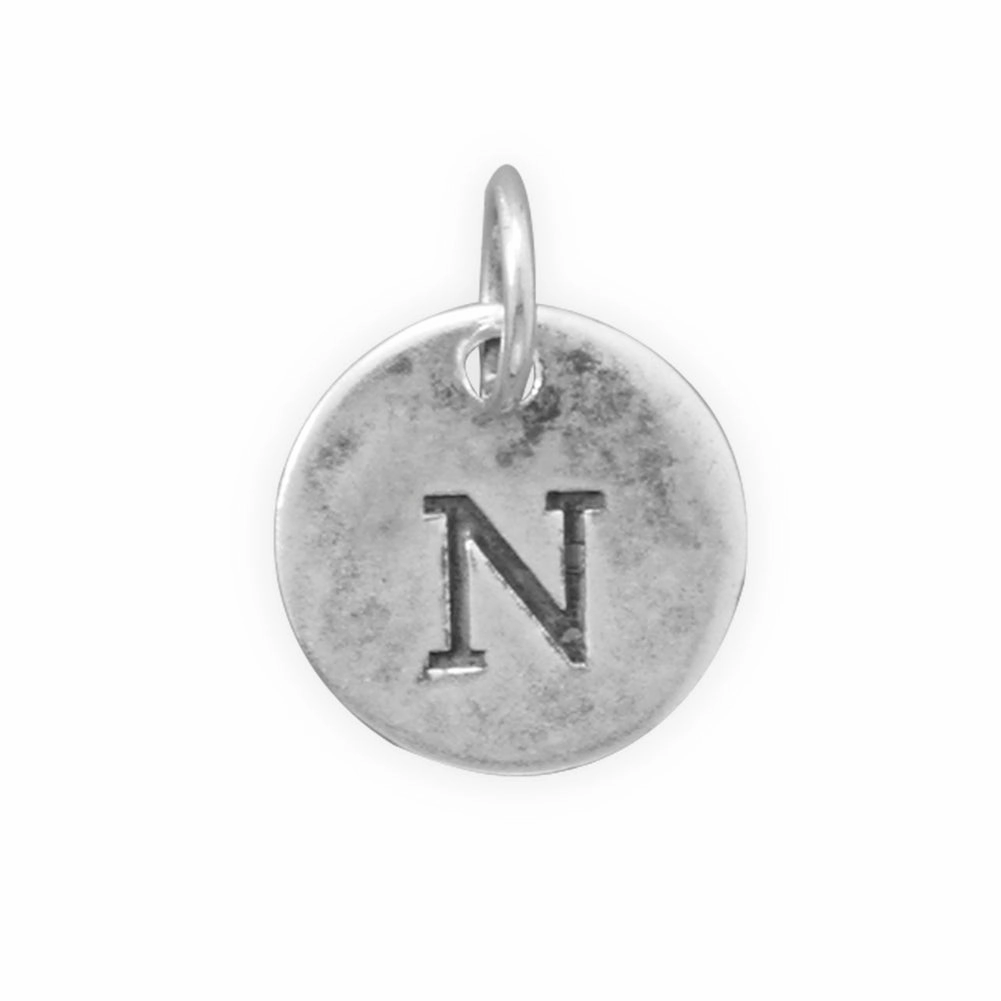 Luxury Highlight Sparkling Craftwork Antiqued Finish Sterling Silver Letter N Disk Charm