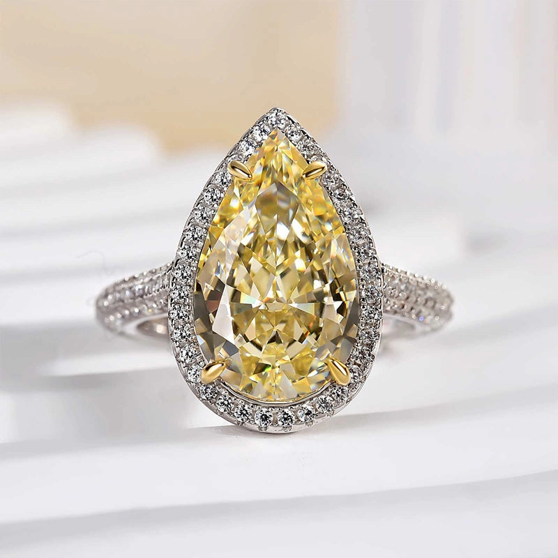 Classic Glow Refined Shine Louily Halo Pear Cut Simulated Diamond Yellow Sapphire Engagement Ring In Sterling Silver