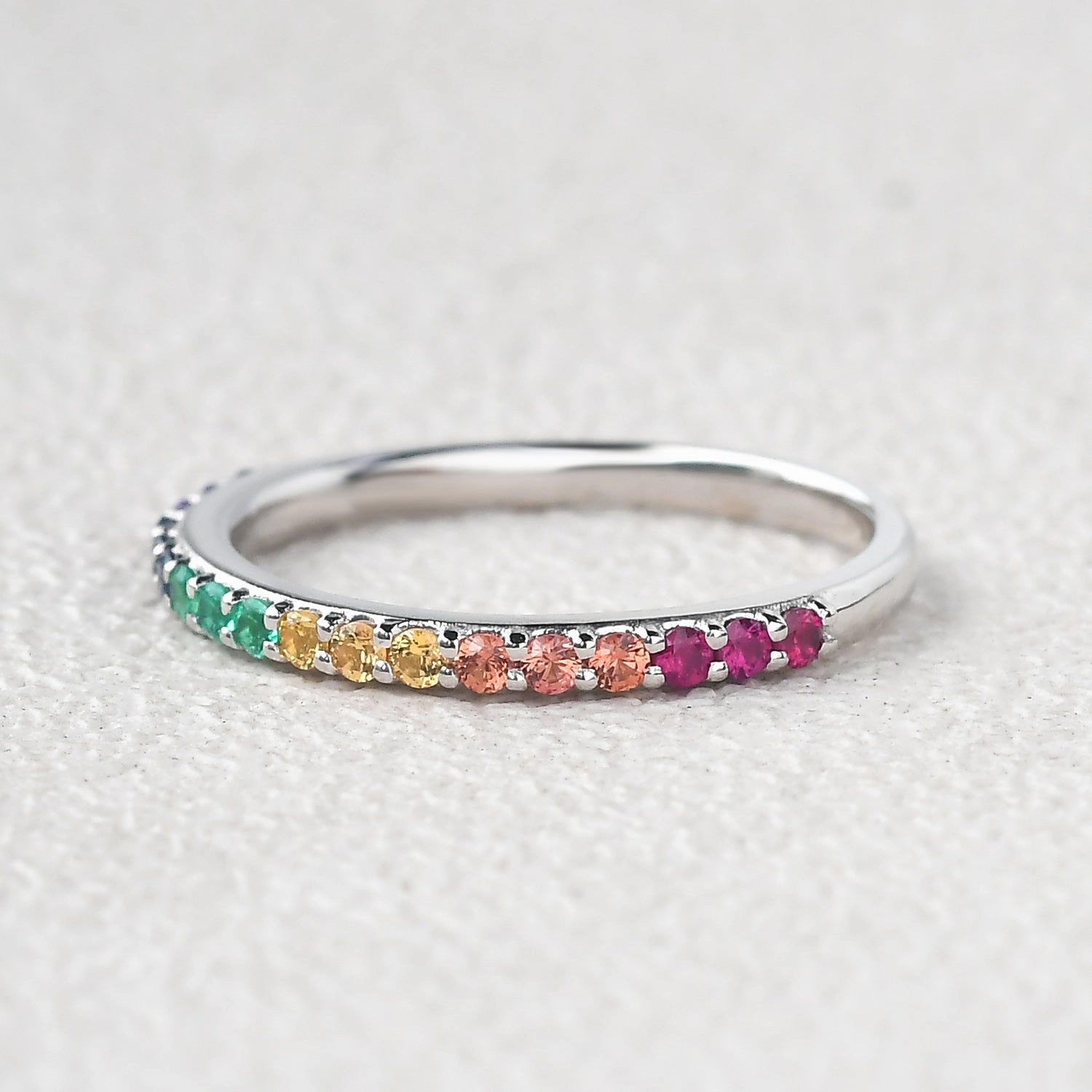 Stylish Detail Minimalist Rainbow Lab Sapphire Gemstones Half Eternity Stacking Ring