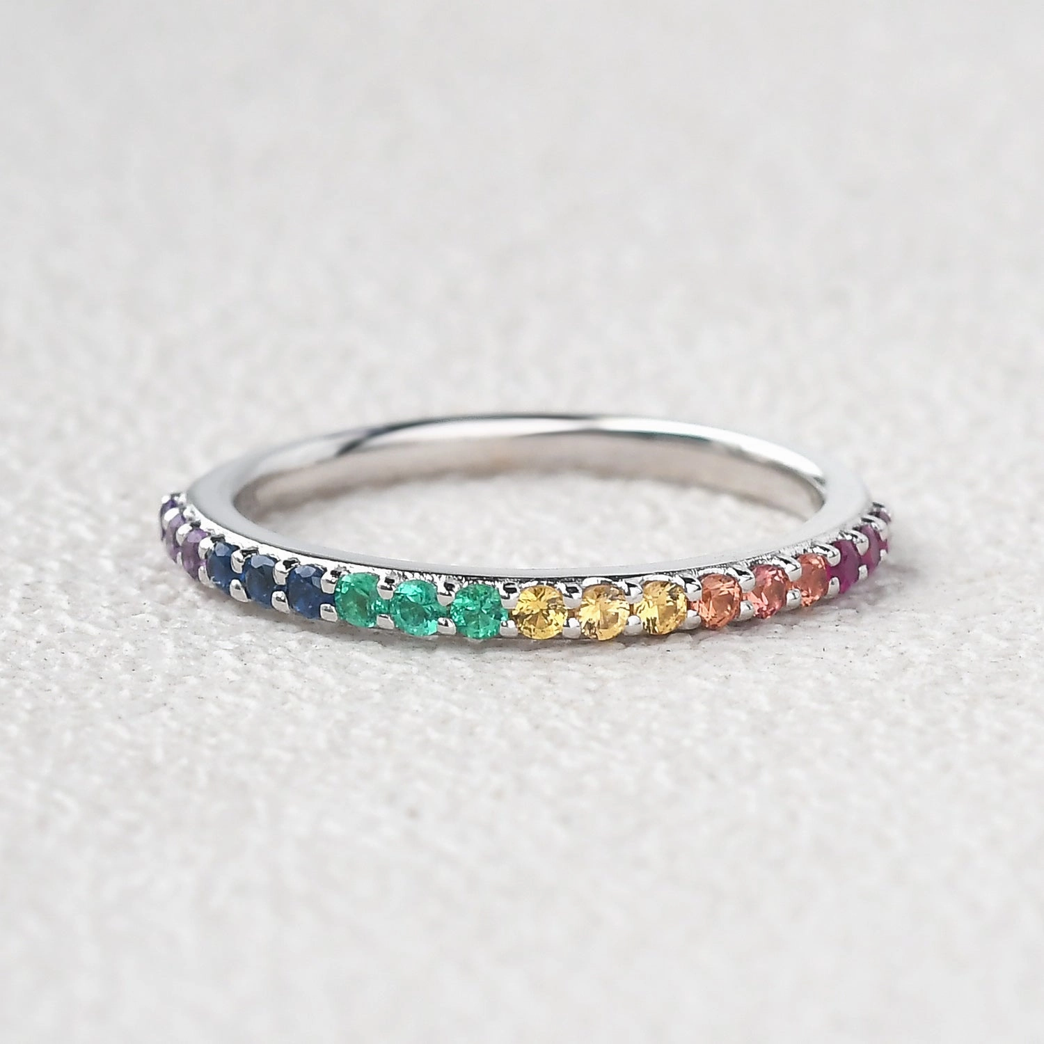 Minimalist Rainbow Lab Sapphire Gemstones Half Eternity Stacking Ring Daily Fashion Smooth Texture