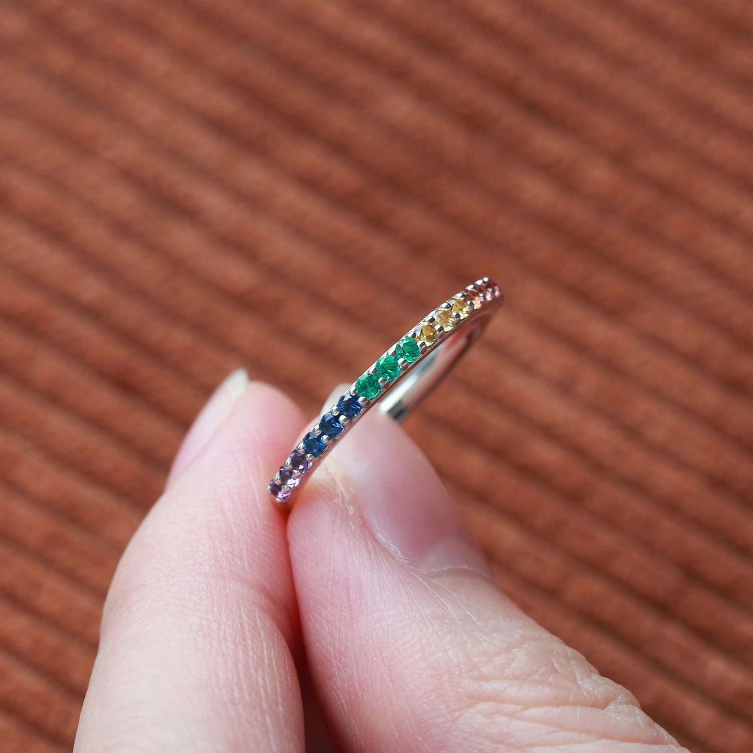 Minimalist Rainbow Lab Sapphire Gemstones Half Eternity Stacking Ring Precious Glow Classic Attire