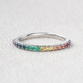 Minimalist Rainbow Lab Sapphire Gemstones Half Eternity Stacking Ring Daily Fashion Smooth Texture
