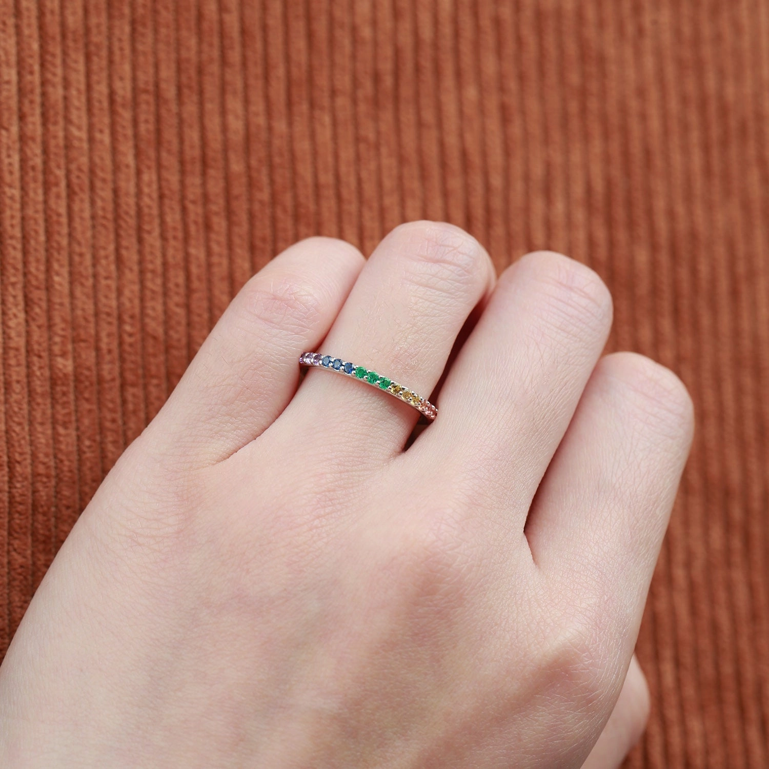 Minimalist Rainbow Lab Sapphire Gemstones Half Eternity Stacking Ring Formal Accent Timeless Gem